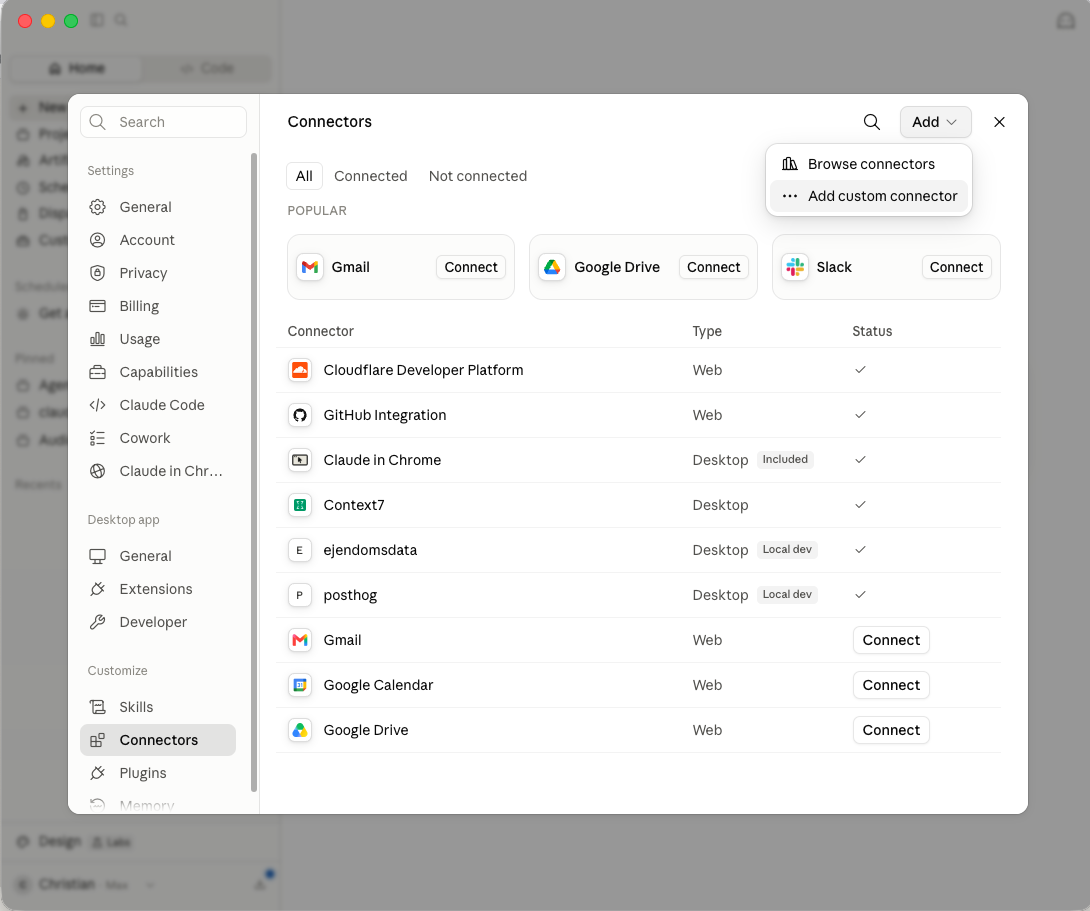 The Connectors page in Claude with the Add menu open and the item Add custom connector