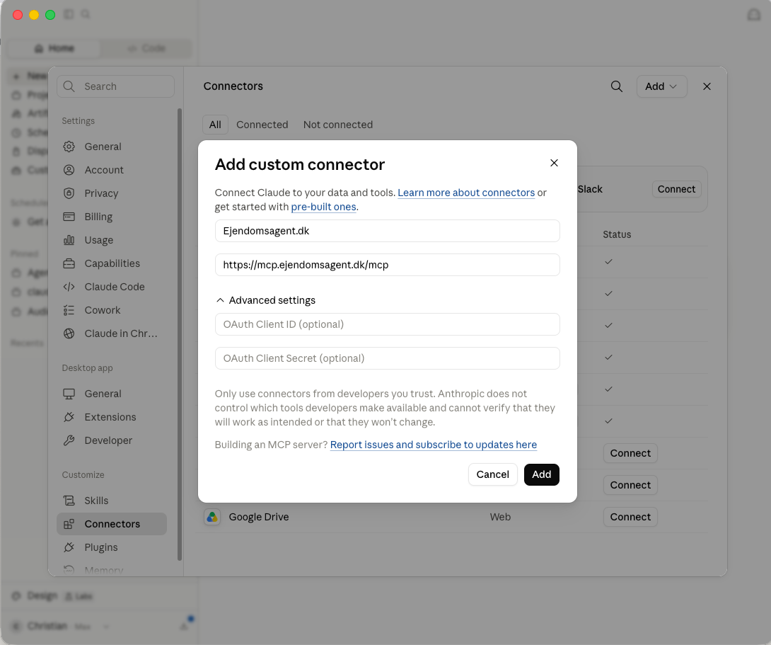 The Add custom connector dialog with name and URL filled in