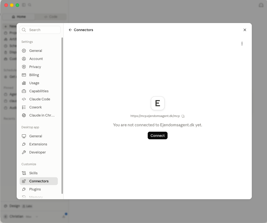 The connector page with the Connect button