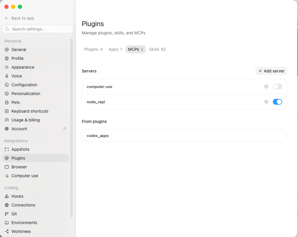 The Plugins page with the MCPs tab selected and the Add server button in the top right