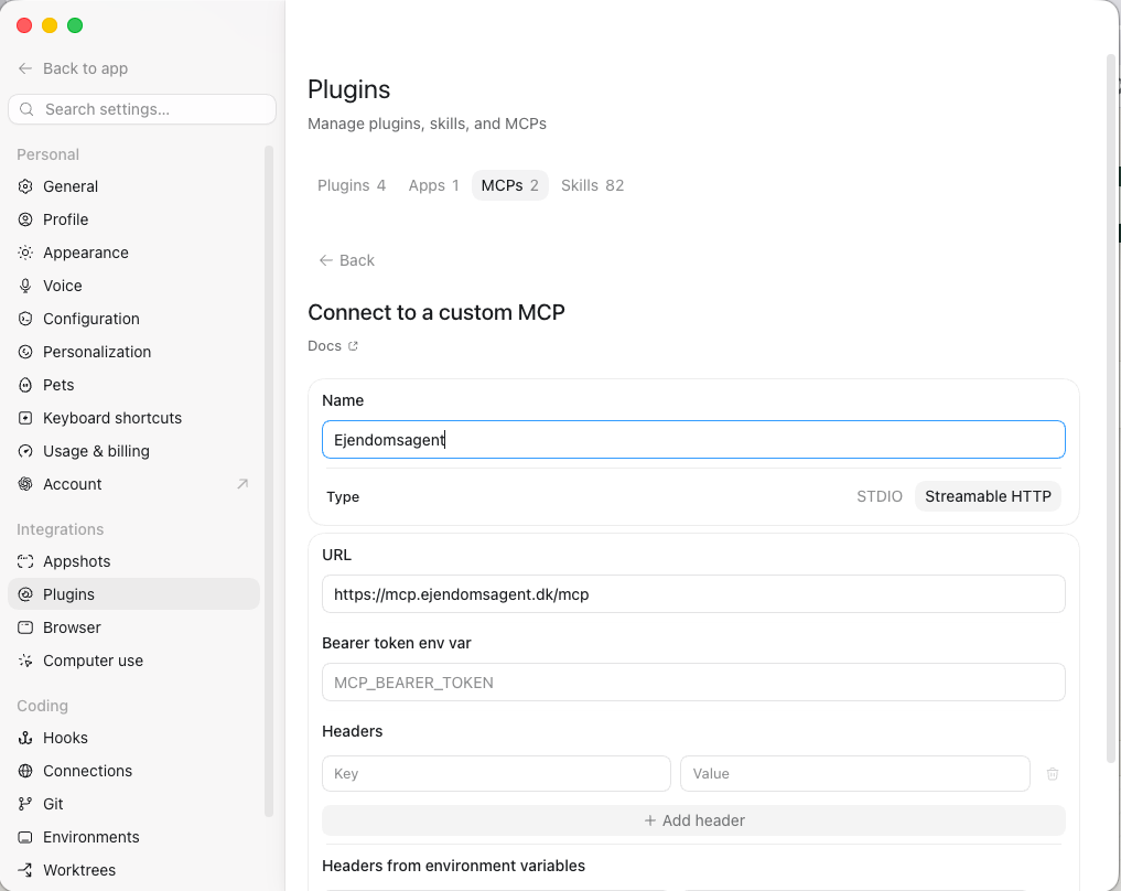 The Connect to a custom MCP form with the name, the type Streamable HTTP and the address filled in