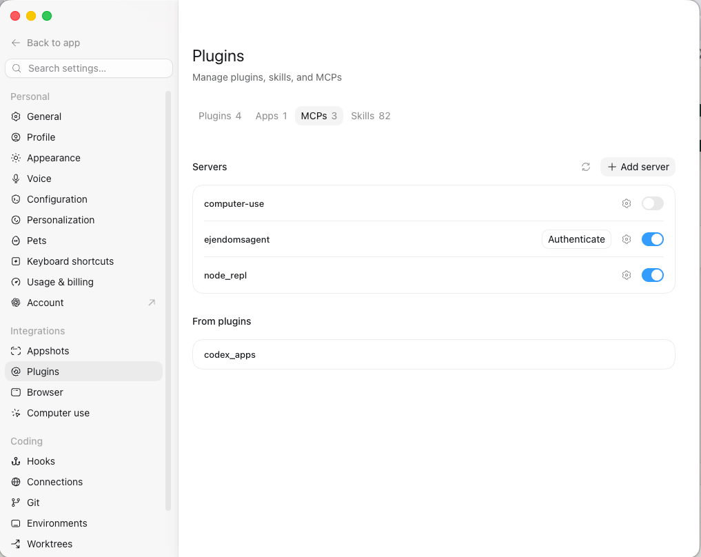 The server list with the server added and the Authenticate button next to it